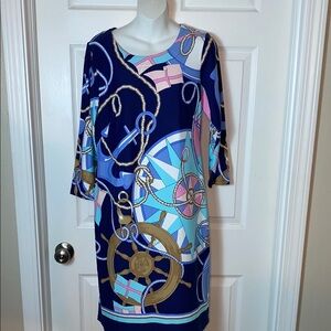 Talbots Status Print Nautical Jersey Shift Dress 3/4 Sleeve Size Medium